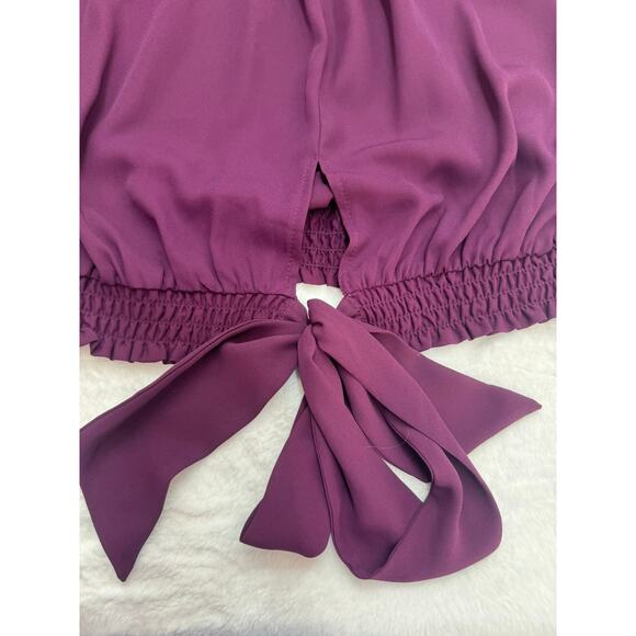 Venus Women's Purple Mock Neck Smocked Blouse Size M Bow at Back Waist Office - Picture 4 of 7